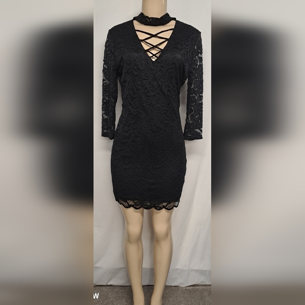 Ambiance Black L Lace Dress Choker Criss Cross V Neck Lined Sheer Sleeves